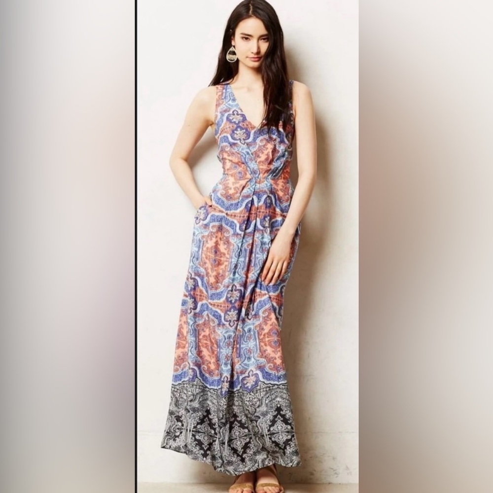 Anthropologie Blue and Orange Maxi Dress